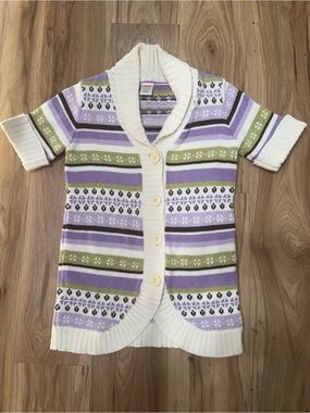 Gymboree Cozy Shawl Collar Knit Cardigan - Lavender/Olive Stripe- 7/8